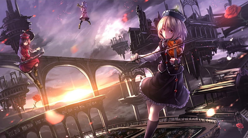 ♪~Magical Instruments~♪, Touhou, Anime, Aerial, Sunset, Floating, Sky, Light, Lovely, Girls, Wonderful, Cute, Castle, Keyboard, Magical, Instruments, Swee, Violin, HD wallpaper