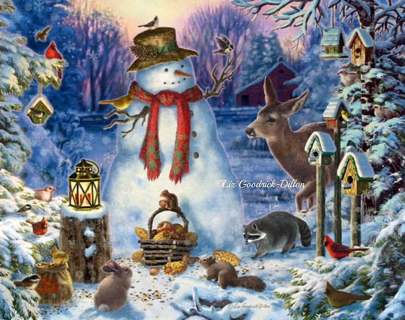 Snowman in wilderness, rabbit, squirrel, snow, birds, raccoon, deer, winter, cardinals, chickadees, painting, HD wallpaper