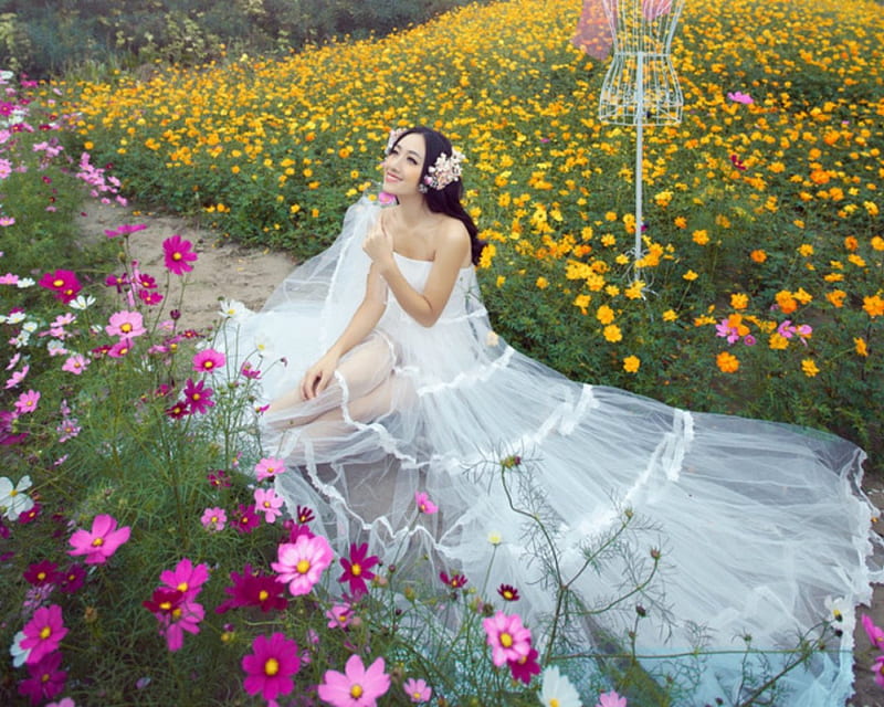 Beautiful Bride, bride, flowers, model, woman, HD wallpaper