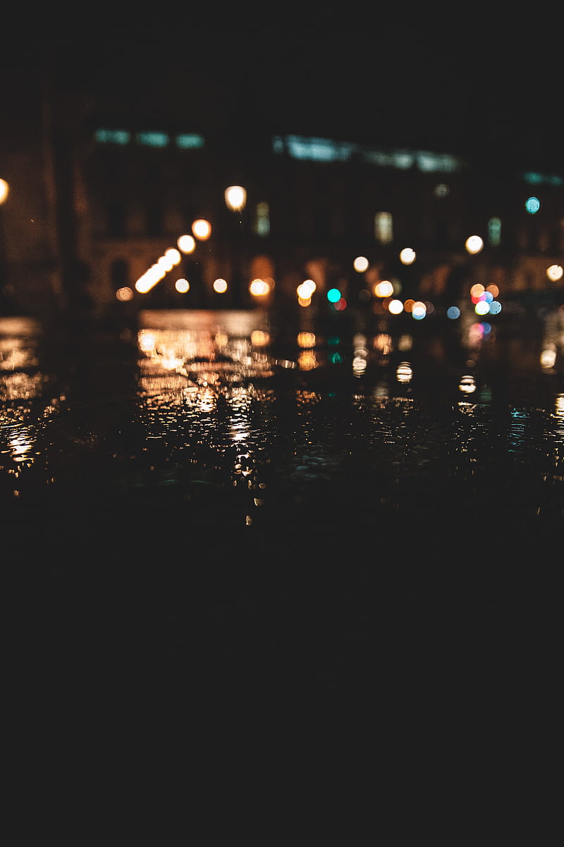 night, asphalt, wet, dark, lights, blur, HD phone wallpaper