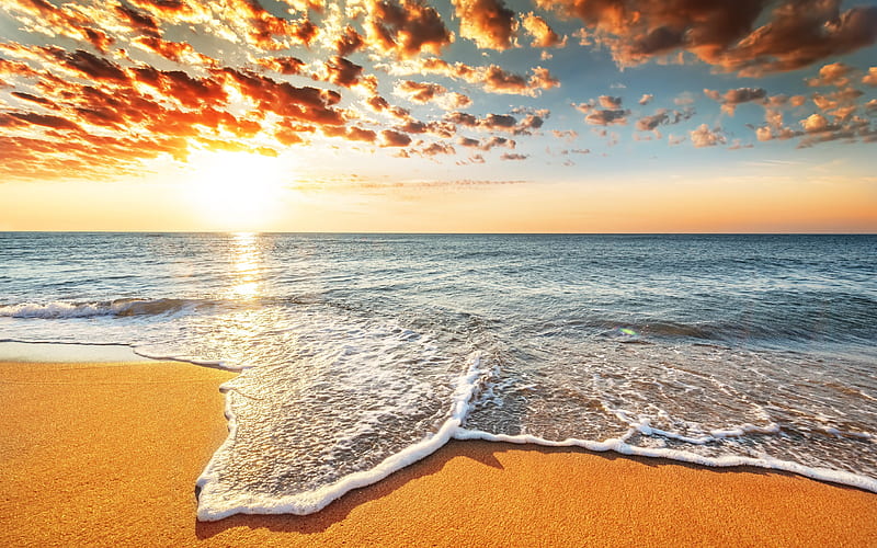 ocean, summer, beach, waves, sea, sunset, bright sun, HD wallpaper