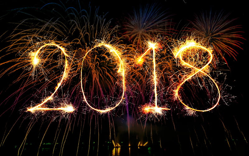 Happy New Year 2018, fireworks golden letters, New Year 2018, nightscapes, xmas, Christmas 2018, HD wallpaper
