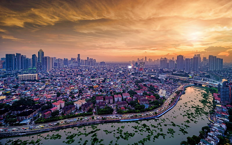 Manila Pasig River, sunset, cityscapes, Philippines, Asia, skyline, HD wallpaper