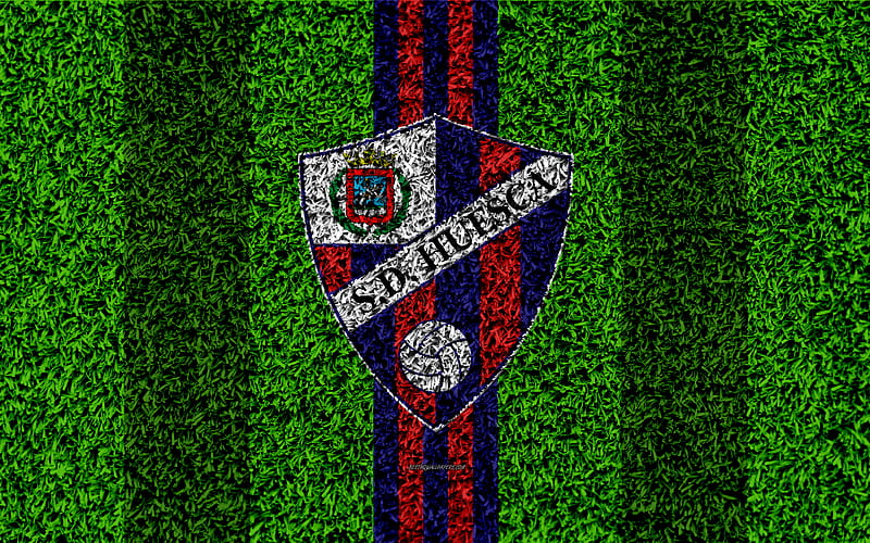 SD Huesca, logo football lawn, Spanish football club, LaLiga2, red blue lines, grass texture, Segunda, Division B, Huesca, Spain, football, Huesca FC, HD wallpaper