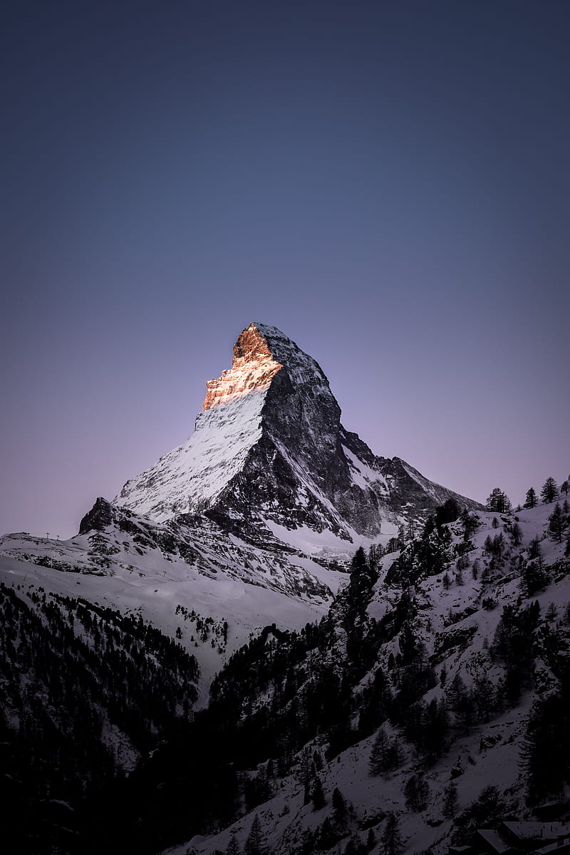 Snowy mountain, snow, sky, , night, purple, nature, sunset, bonito, HD phone wallpaper