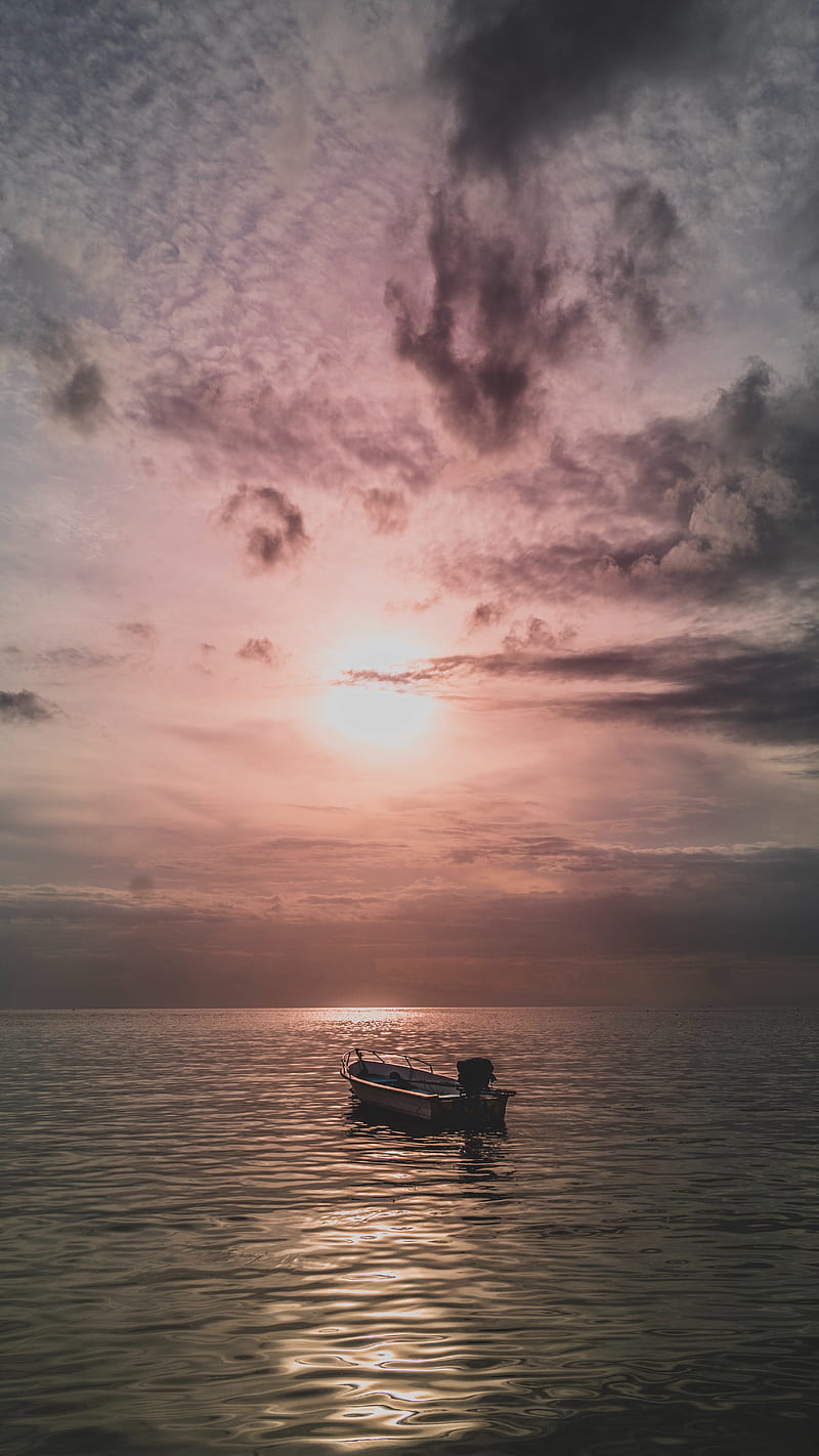 sea, boat, sunset, dusk, evening, HD phone wallpaper
