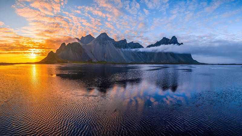 Landscape Reflection Mount Sea Sunlight Iceland, HD wallpaper