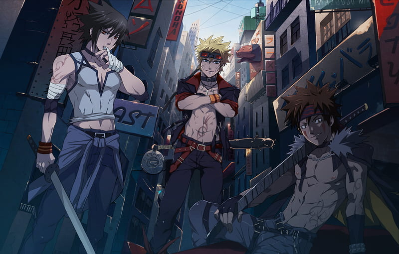 Uchiha Sasuke, Uzumaki Naruto, & Inuzuka Kiba, uchiha sasuke, uzumaki naruto, blonde, power, man, sexy, building, boys, inuzuka kiba, men, strength, hot, muscles, sword, abs, HD wallpaper