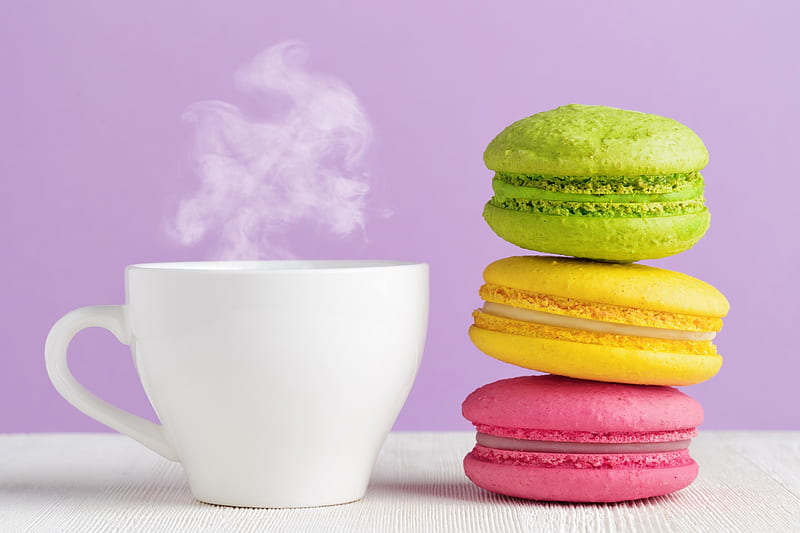Enjoy your sweet moment!, colorful, food, macarons, yellow, sweet, dessert, green, cup, white, pink, HD wallpaper
