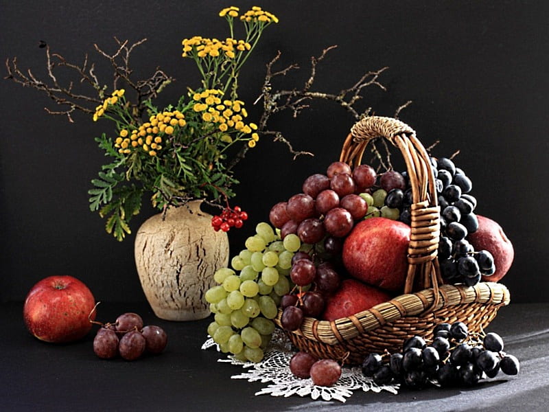 *** Still Life ***, martwa, owoce, kwiaty, nature, HD wallpaper