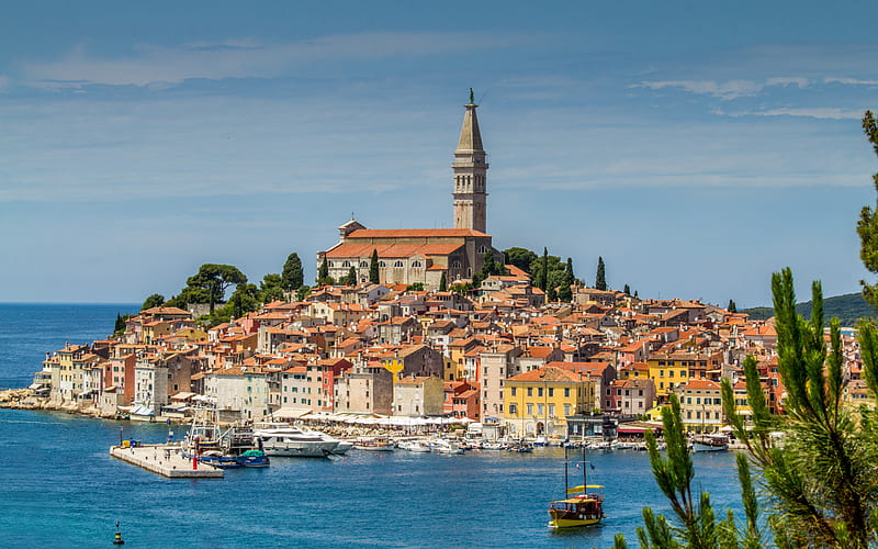 Rovinj, Watchtower, Summer, Adriatic sea, coast, seascape, peninsula of Istria, Croatia, Mediterranean Sea, HD wallpaper