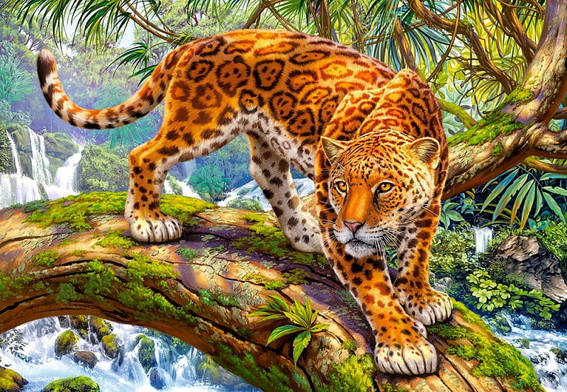 Sneaking Jaguar, painting, predator, tree, cat, digital, HD wallpaper