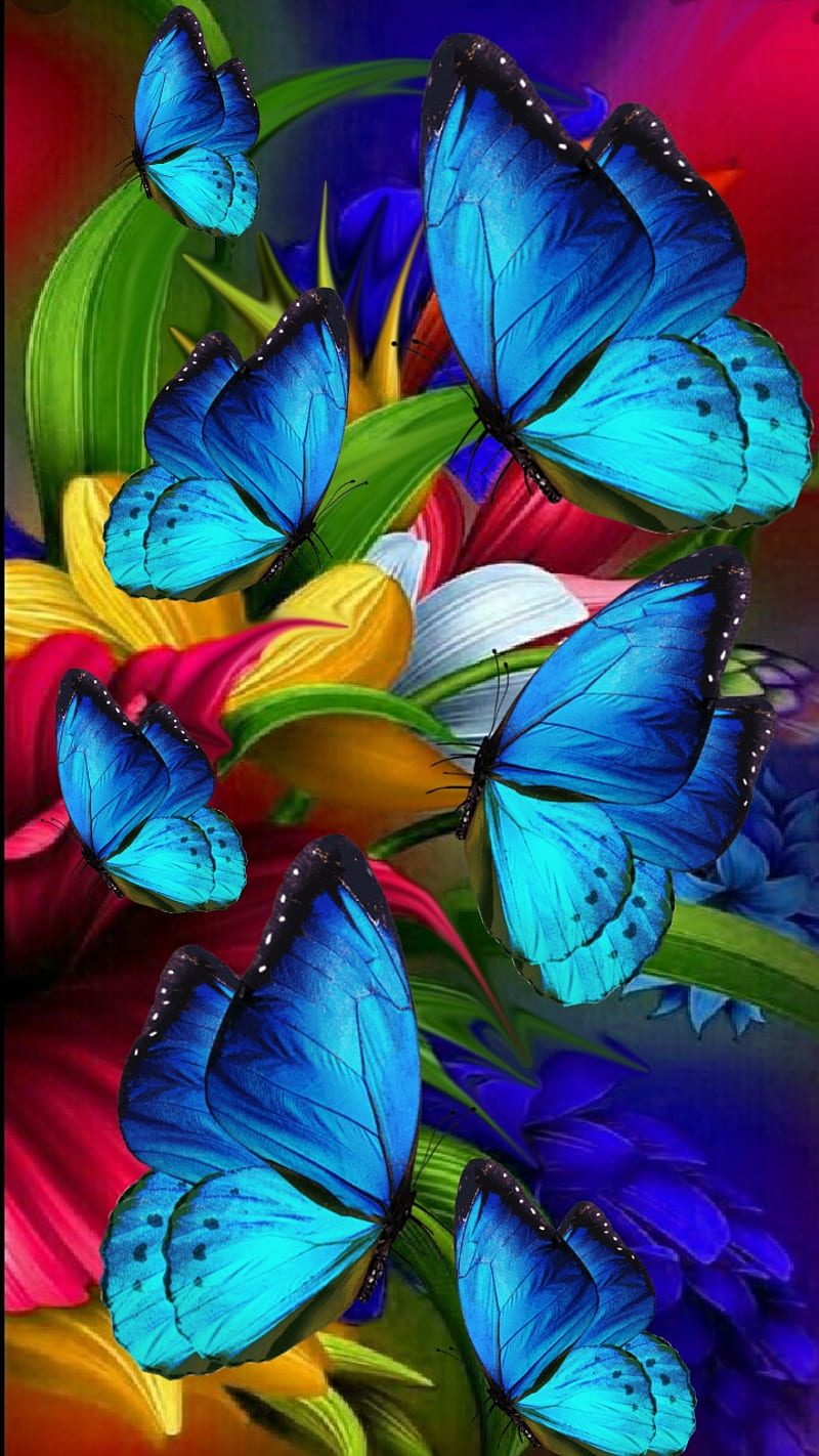 In A Flurry, blue, butterfly, colorful, flowers, garden, neon, HD phone wallpaper