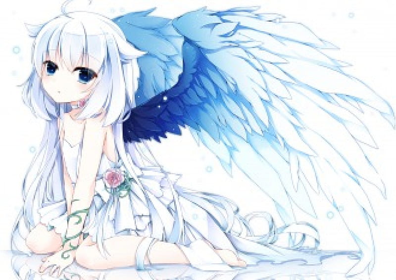 Blue Wings, pretty, dress, white hair, bonito, ribbons, woman, anime,  flowers, HD wallpaper | Peakpx