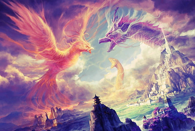 Fantasy battle, orange, yellow, dragon, fantasy, pink, blue, phoenix,  serpent, HD wallpaper | Peakpx