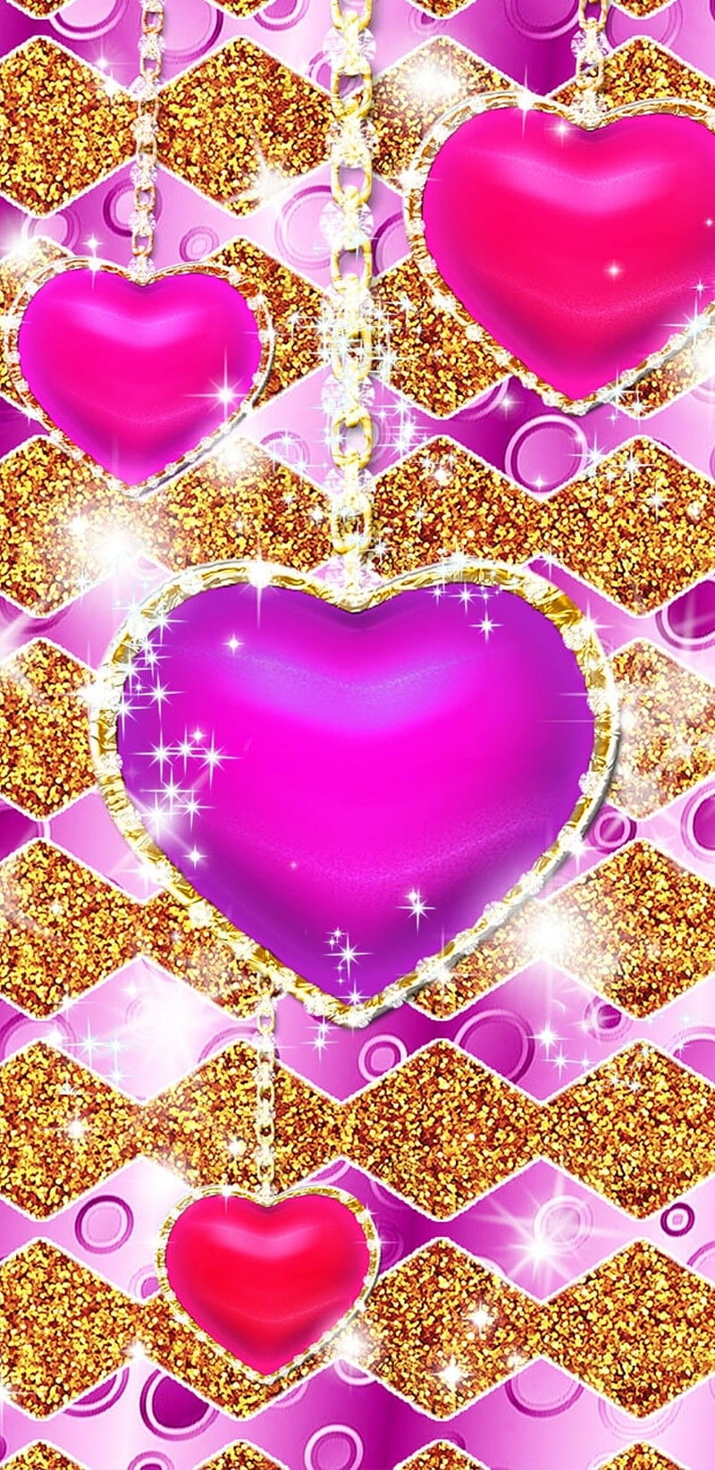 Hanging Hearts, girly, gold, heart, hearts , pink, pretty, purple, sparkle, HD phone wallpaper