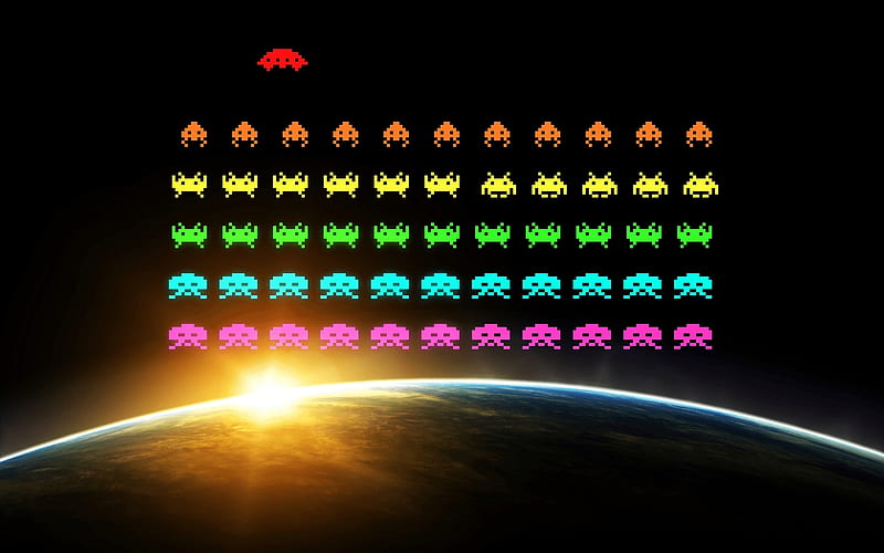 space invaders, invaders, sun, earth, space, HD wallpaper