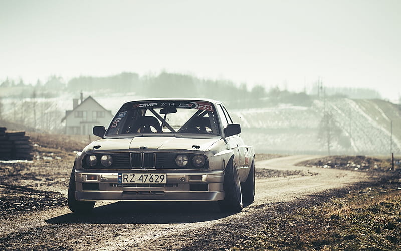 BMW M3, E30, offroad, tuning, tunned M3, low rider, BMW E30, german cars, BMW, silver E30, HD wallpaper