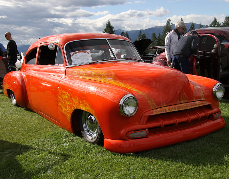 Chevrolet 1950 at the Radium Hot Springs car show 17, Chevrolet, orange, trees, clouds, silver, green, mountains, Headlights, graphy, tire, white, HD wallpaper