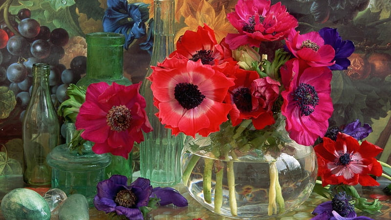 Anemones, red, bottle, vase, artwork, grapes, bouquet, painting, blossoms, petals, HD wallpaper