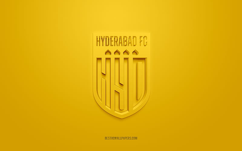 Hyderabad FC, creative 3D logo, yellow background, 3d emblem, Indian football club, Indian Super League, Hyderabad, India, 3d art, football, Hyderabad FC 3d logo, HD wallpaper