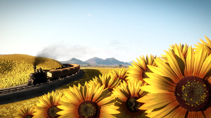 Train Through Sunflower Field, railroad, fall, autumn, train, sunflowers, mountains, summer, flowers, field, Firefox Persona theme, HD wallpaper