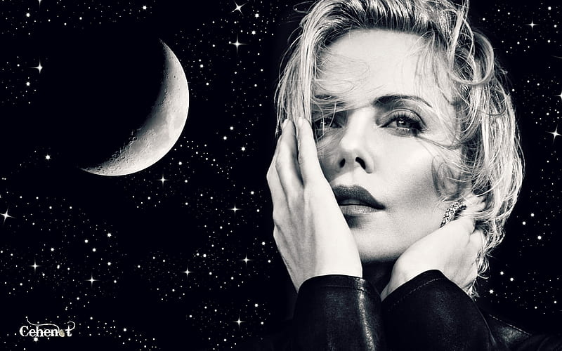 Charlize Theron Stars Moon Black Blonde Woman Moon Girl Bw