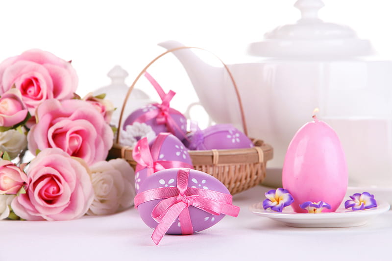 Lovely harmony, candle, colorful, holidays, roses, event, Easter, special days, basket, eggs, flowers, pastel, pink, HD wallpaper