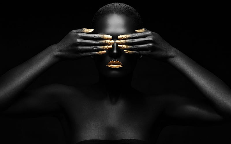 Black beauty, model, golden, black, woman, make-up, girl, blind, hand, beauty, HD wallpaper