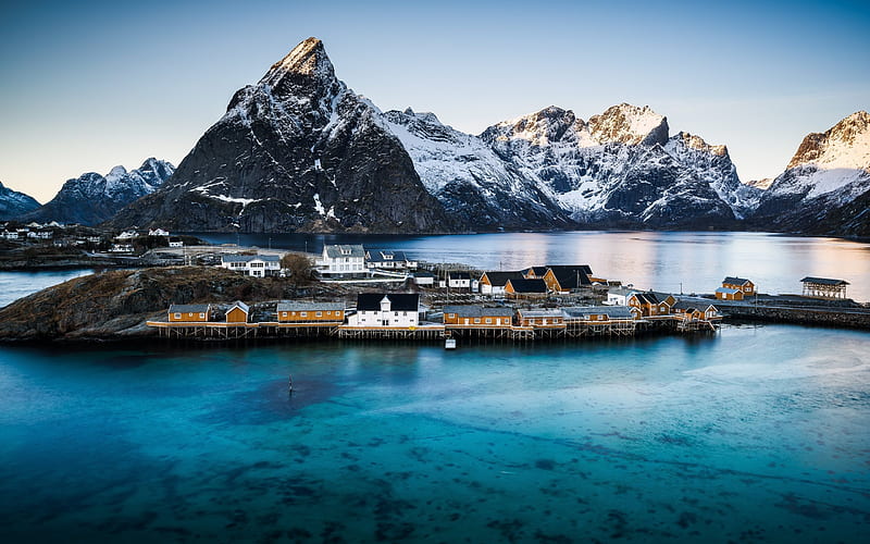 Norway, Reine, sea, winter, town, mountains, HD wallpaper