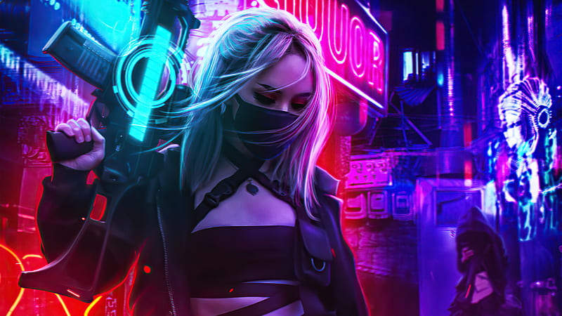 Cyberpunk Girl In Neon Mode , cyberpunk, scifi, artist, artwork, digital-art, gun, artstation, HD wallpaper