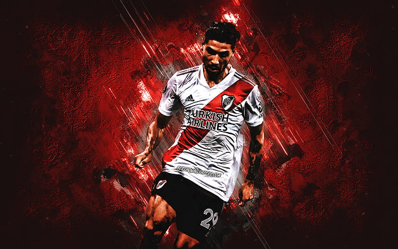 Gonzalo Montiel, River Plate, Argentine soccer player, portrait, Argentina, football, red stone background, HD wallpaper