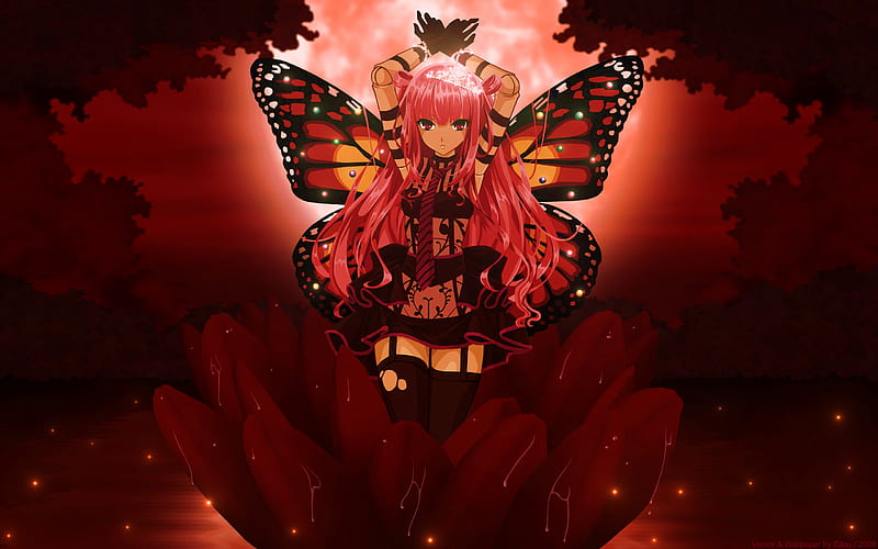 Anime girl, cute, demon, wings, butterfly, girl, anime, dark, HD wallpaper