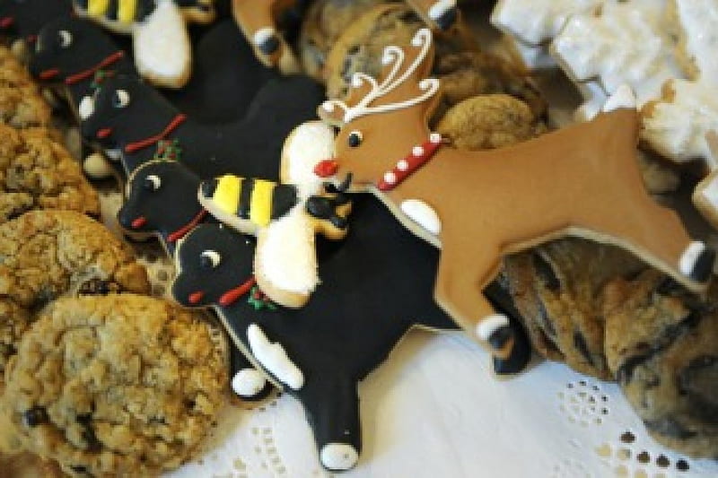 Sweet reindeers and a bee for my lovely friend Anita (Bizzybee360), cake, red, sweets, christmas, food, black, yellow, animal, bee, cookie, reindeer, white, HD wallpaper