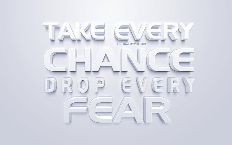 Take every chance Drop every fear, white 3d art, popular quotes, quotes about the chance, business quotes, inspiration, white background, motivation, HD wallpaper