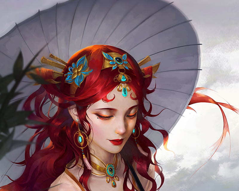 1080p Free Download Fantasy Girl Redhead Luminos Umbrella Jewel Face Parasol Frumusete 7468