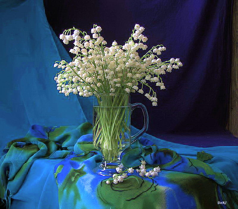 For Barb Fireangls4, lily of the valley, green, flowers, vase, white, blue, HD wallpaper