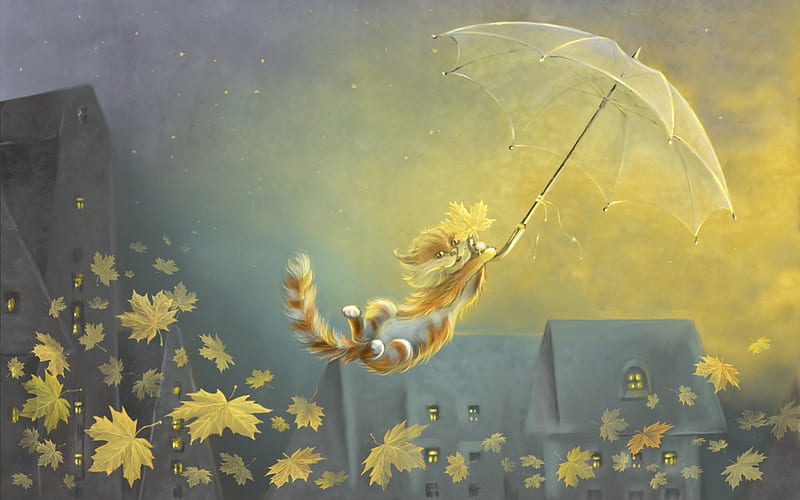 .Humor with The End of Autumn., pretty, autumn, umbrella, attractions in dreams, leaves, paintings, animals, lovely, happiness, colors, love four seasons, kittens, creative pre-made, floating, cute, humor, whiskers, drawing, fall seasons, cats, HD wallpaper