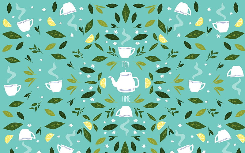 Texture, pattern, green, cup, paper, tea pot, blue, leaf, HD wallpaper