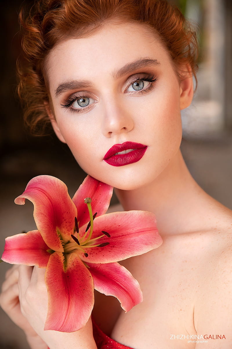 flowers, face, makeup, women, red lipstick, plants, Galina Zhizhikina, HD phone wallpaper