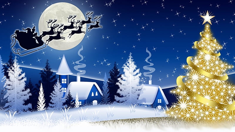 Gold Sparkle Tree, sleigh, Christmas, cottages, holiday, houses, Santa Claus, gold tree, full moon, village, cabins, blue, HD wallpaper