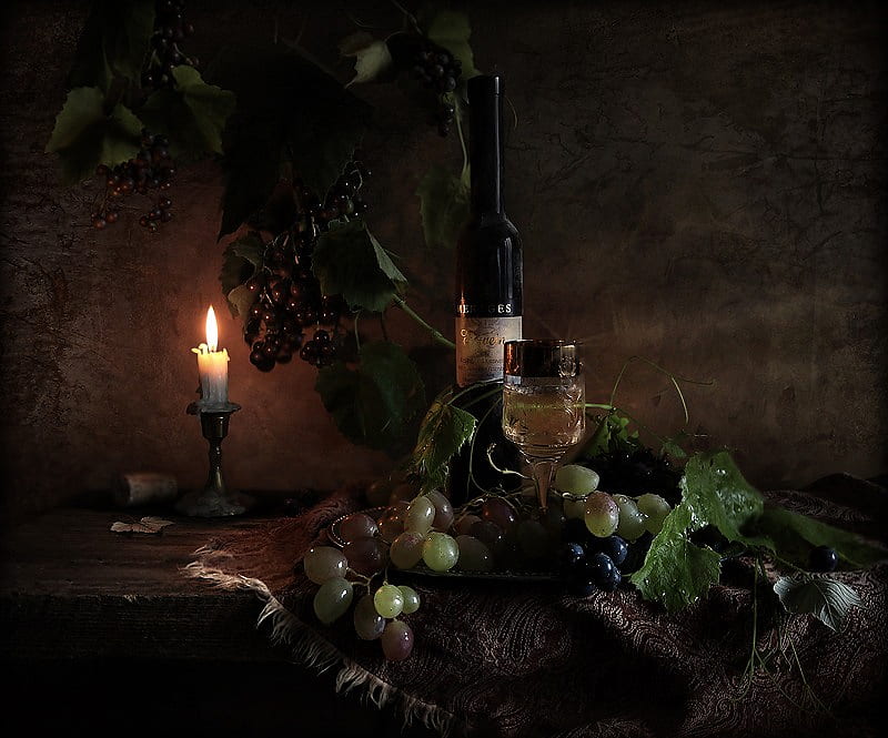 Drink Me, candle, table, bottle, cloth, wine, grapes, still life, glass, vine, HD wallpaper