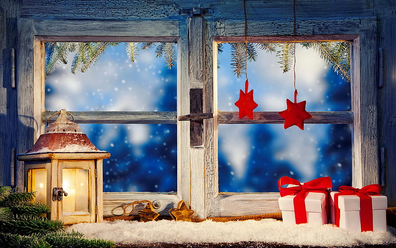 Christmas window, pretty, lantern, bonito, arrangement, frost, window, view, holiday, christmas, decoration, new year, winter, snow, snowflakes, snowfall, presents, gifts, HD wallpaper