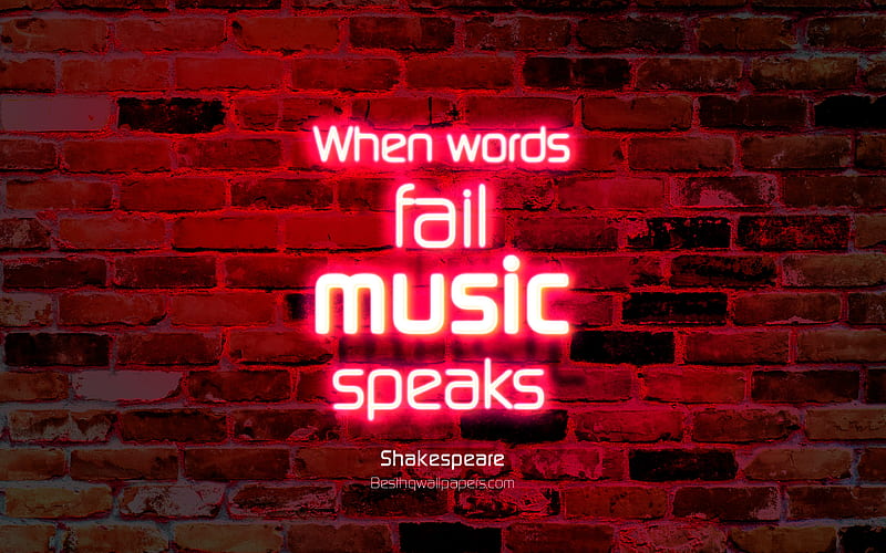 When words fail Music speaks purple brick wall, Shakespeare Quotes, popular quotes, neon text, inspiration, Shakespeare, quotes about music, HD wallpaper
