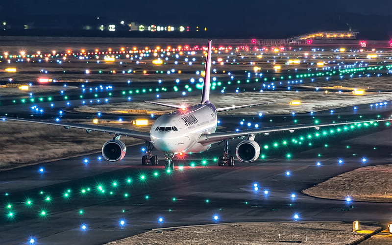 Airbus A330-200, Kansai International Airport, japan, lights, passenger saolet, night, runway, air travel concepts, HD wallpaper