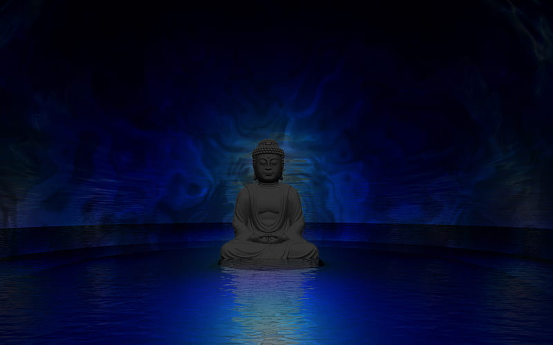 Deep Blue Meditation, water, seated, serene, religious, buddha, aura, abstract, artwork, HD wallpaper