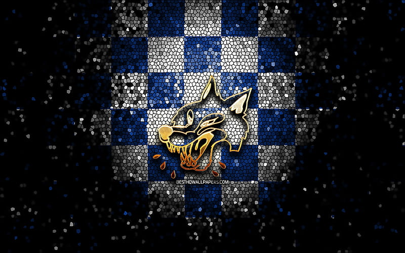Sudbury Wolves, glitter logo, OHL, blue white checkered background, hockey, canadian hockey team, Sudbury Wolves logo, mosaic art, Canada, HD wallpaper