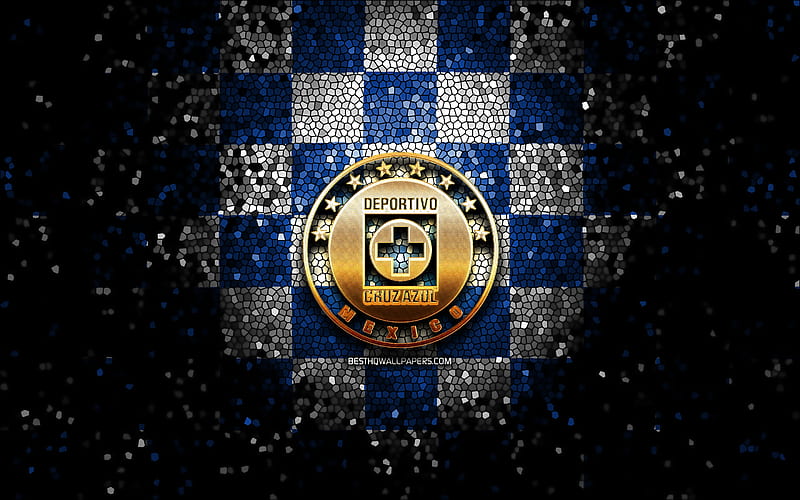 Cruz Azul FC, glitter logo, Liga MX, blue white checkered background, soccer, mexican football club, Cruz Azul logo, mosaic art, football, Cruz Azul, HD wallpaper