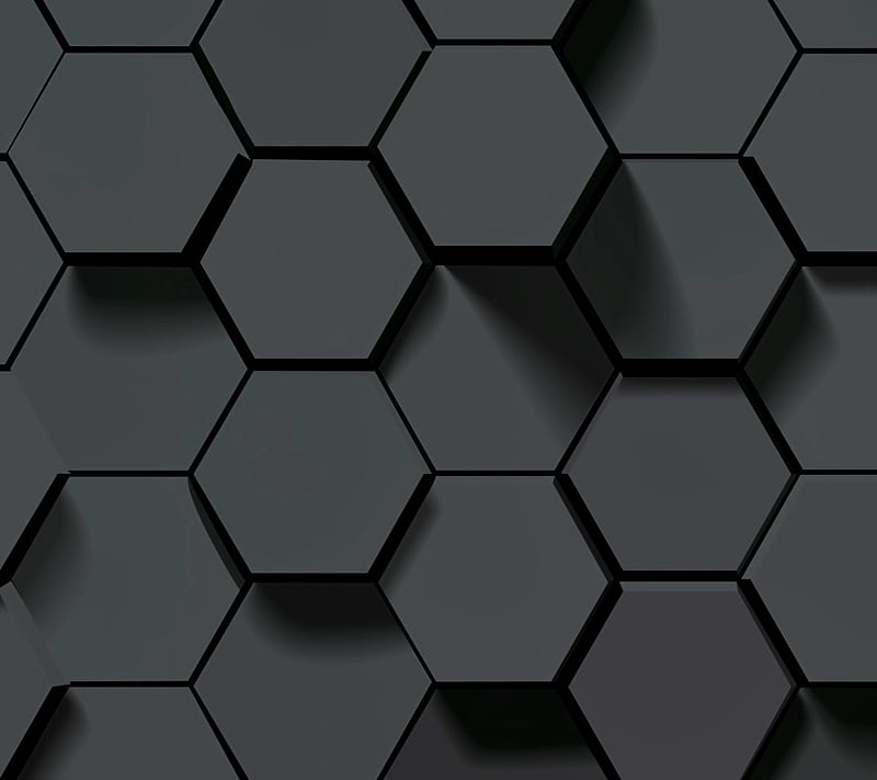 Black Hexagons, 3d, geometry, hexagon, honeycomb, HD wallpaper