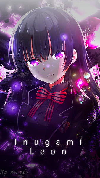 Cute anime girl with long messy black hair and blue-purple eyes